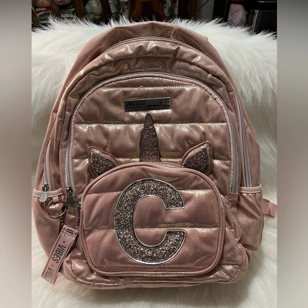 Justice Rose Gold Quilted Unicorn Initial “C” Backpack .